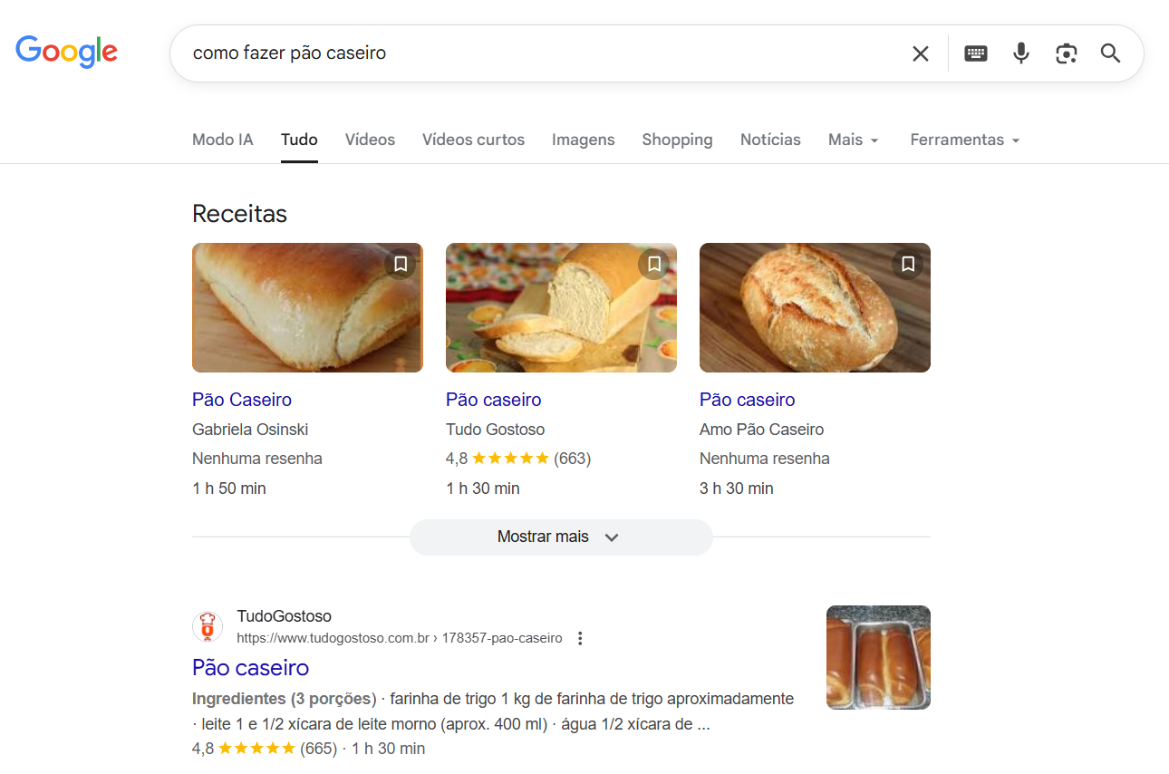 SERP para a busca "como fazer pão caseiro"
